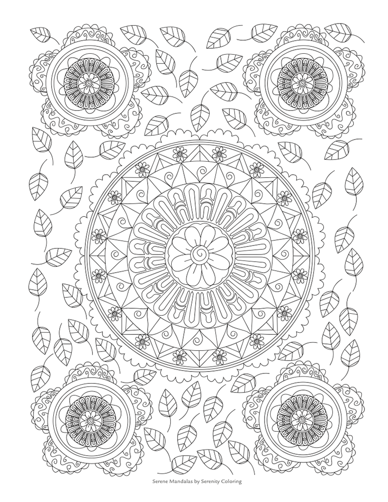 Sample floral mandala coloring page from Serene Mandalas. Included in the Serene Sampler free coloring pages.
