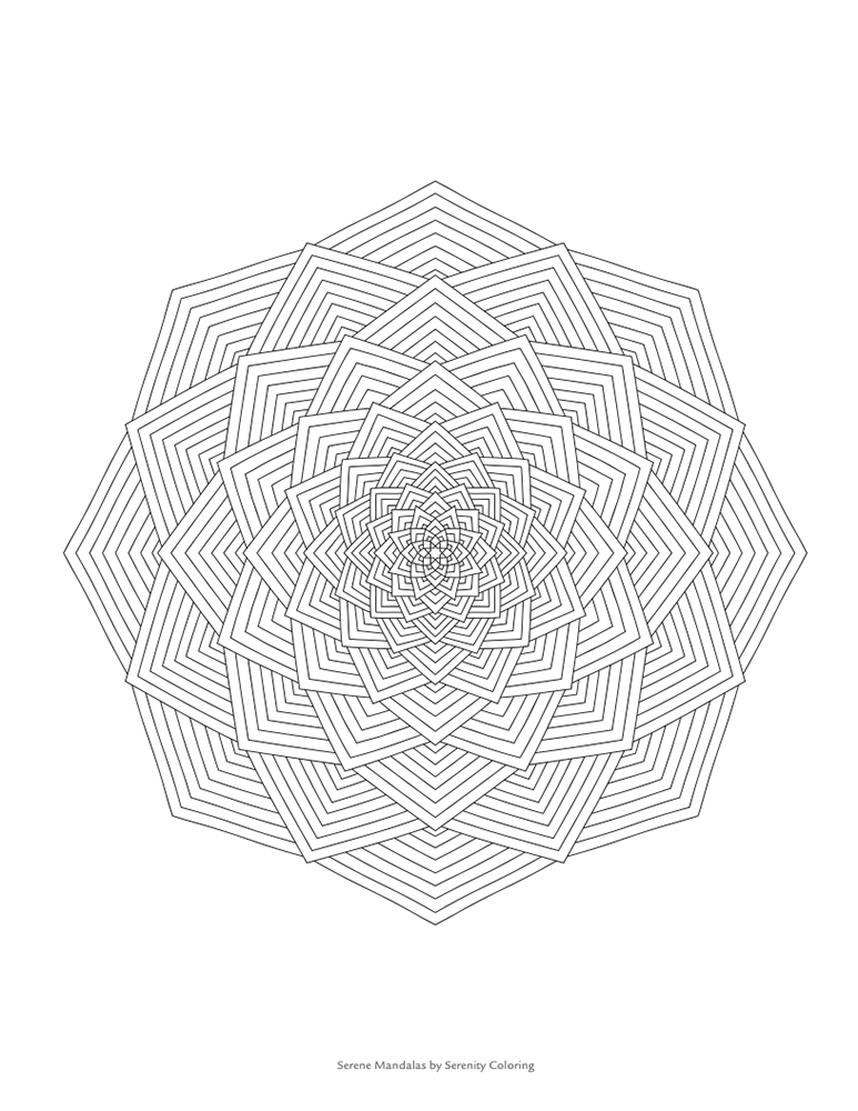 Sample geometric mandala coloring page from Serene Mandalas