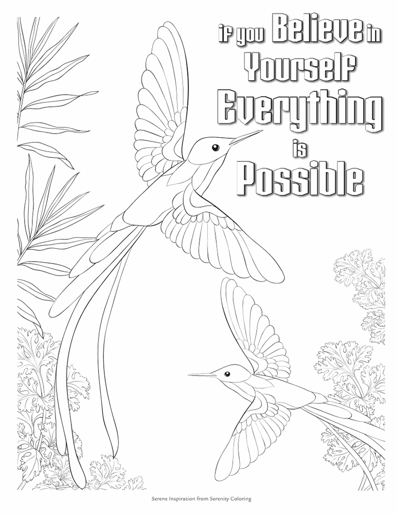 Coloring page from Serene Inspiration showing two hummingbirds flying among flowers, with the quote: "If You Believe in Yourself Everything is Possible"