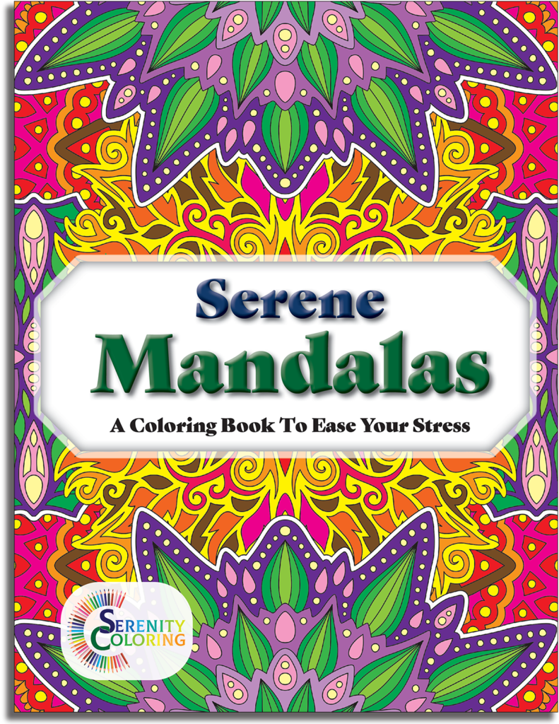 Serene Mandalas coloring book cover — symmetrical meditative mandalas