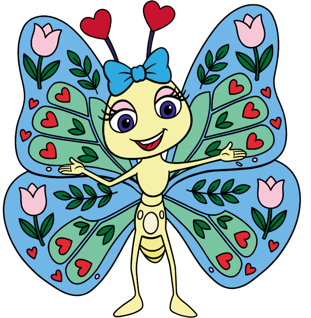 Serenity, a friendly butterfly with tulip-and-heart wings and a blue bow, welcoming you with open arms.