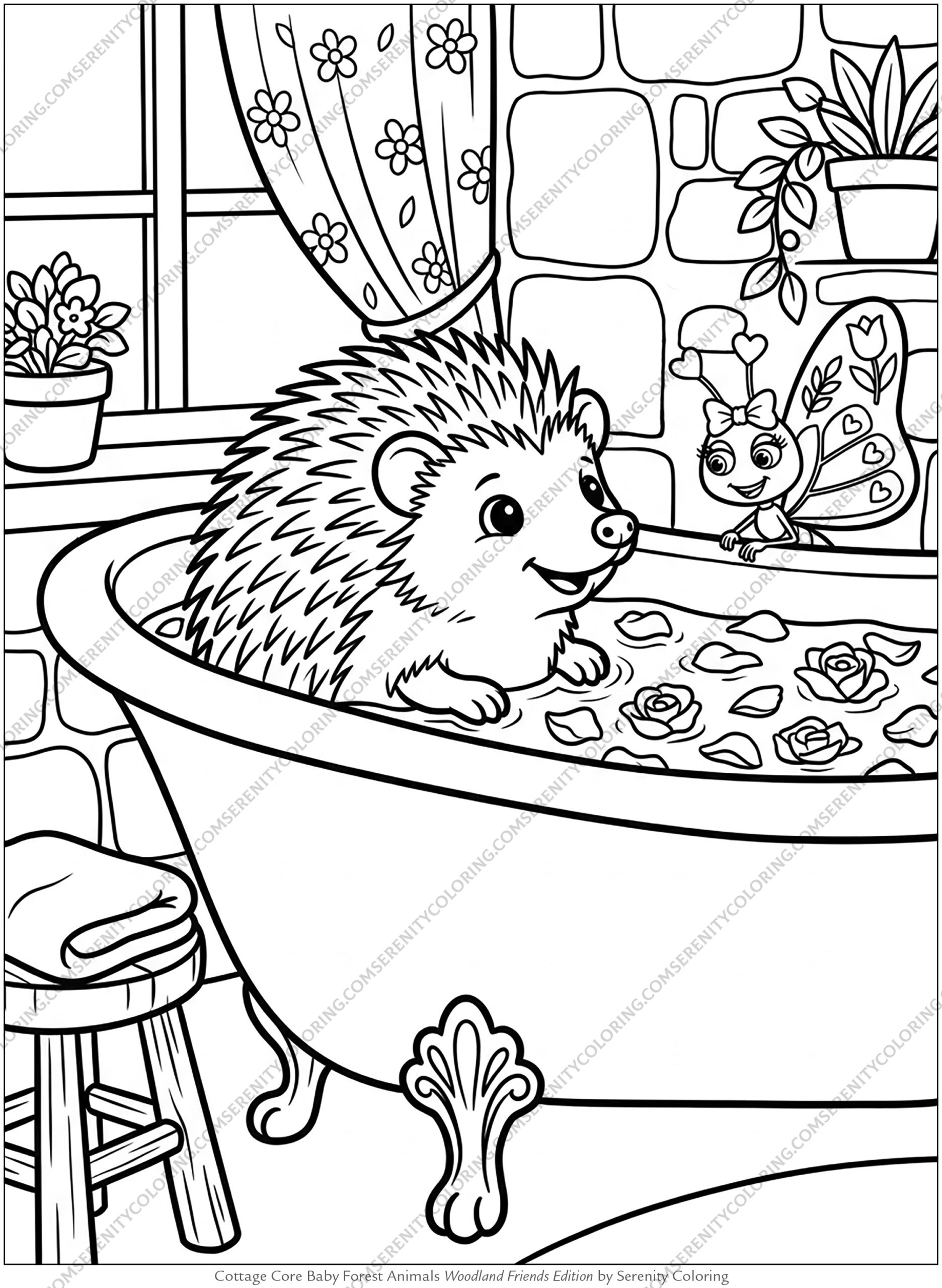 Baby Hedgehog taking a bath in a claw-footed bathtub while chatting with Serenity Butterfly. Roses and rose petals floating in the bath water.