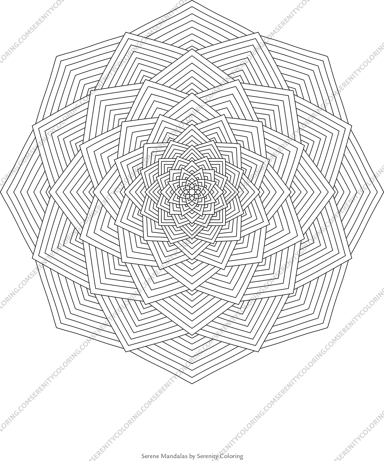 Detailed geometric mandala coloring page from Serene Mandalas adult coloring book featuring intricate radial line art design