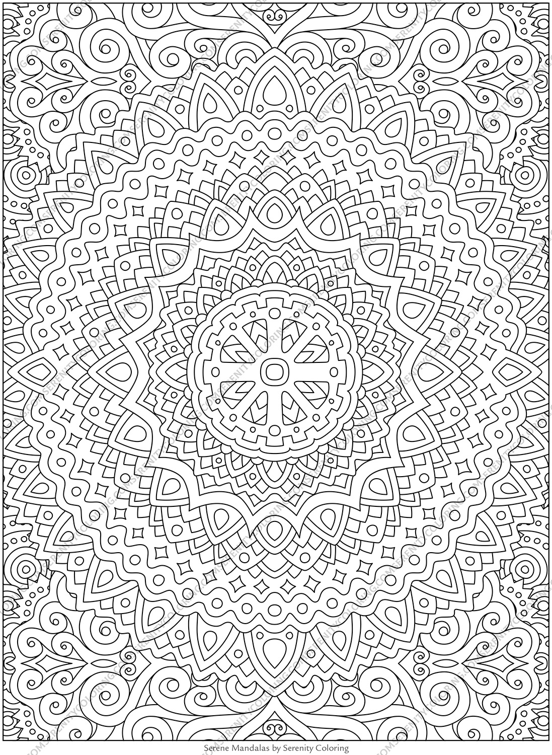 Unique layered star mandala coloring page design from Serene Mandalas, geometric adult coloring book illustration