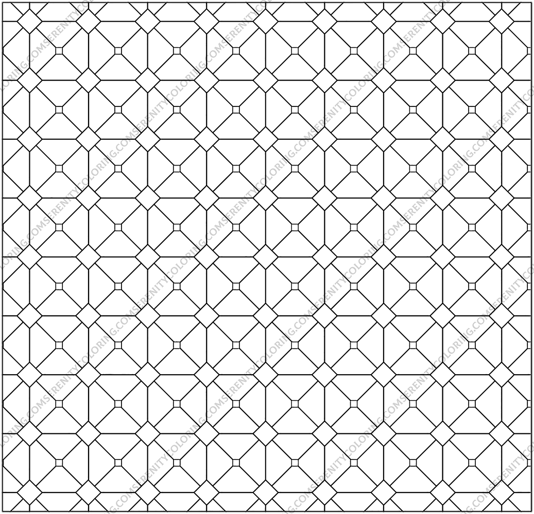 Interlocking geometric grid coloring page from Serene Patterns, detailed octagon and diamond adult coloring design.